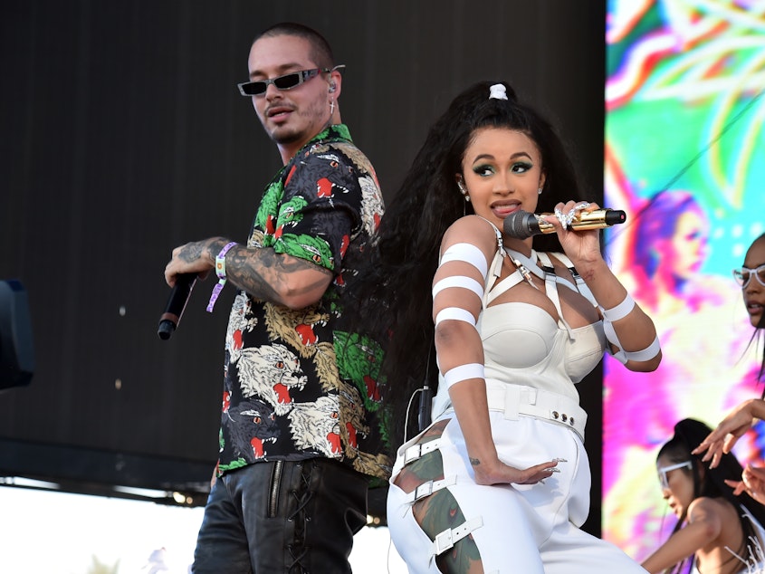 caption: Cardi B and J Balvin perform "I Like It" during the 2018 Coachella Valley Music And Arts Festival in Indio, Calif. in April 2018.