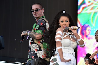 caption: Cardi B and J Balvin perform "I Like It" during the 2018 Coachella Valley Music And Arts Festival in Indio, Calif. in April 2018.