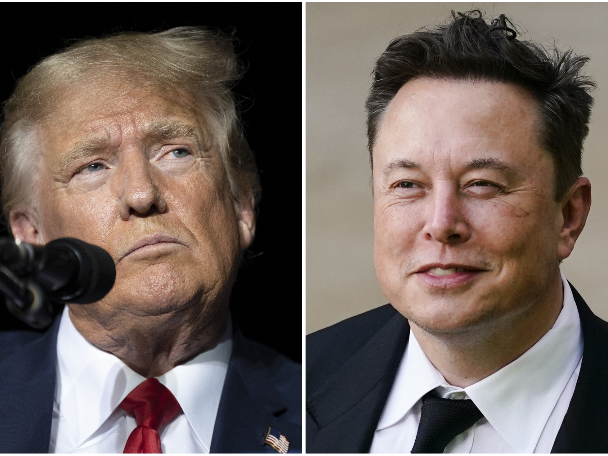 caption: This combination of photos shows former President Donald Trump during rally in Minden, Nev., Oct. 8, 2022, left, and Elon Musk in Wilmington, Del., July 12, 2021.