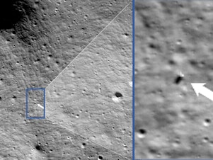 caption: These photos provided by NASA show images from NASA's Lunar Reconnaissance Orbiter Camera team which confirmed Odysseus completed its landing.
