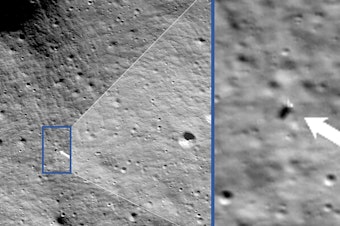 caption: These photos provided by NASA show images from NASA's Lunar Reconnaissance Orbiter Camera team which confirmed Odysseus completed its landing.