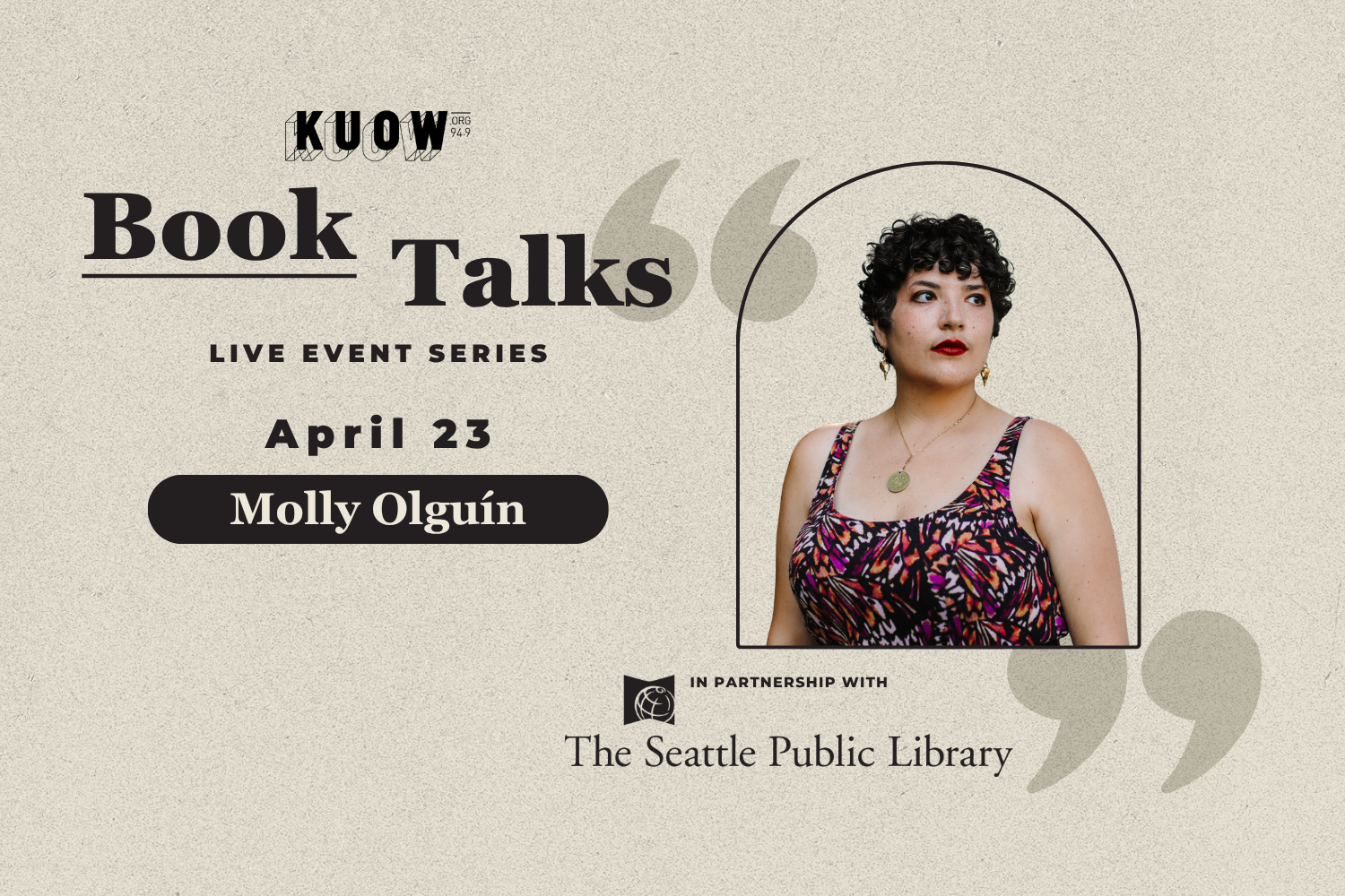 caption: The KUOW Book Club is reading "The Sea Gives Up the Dead" by Molly Olguín in April 2026. Olguín will join KUOW's Katie Campbell for a live discussion at the Seattle Central Library on April 23, 2026.