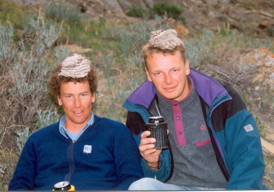 caption: Ian Ross and Chris Morgan with cowpie headwear in 1995.