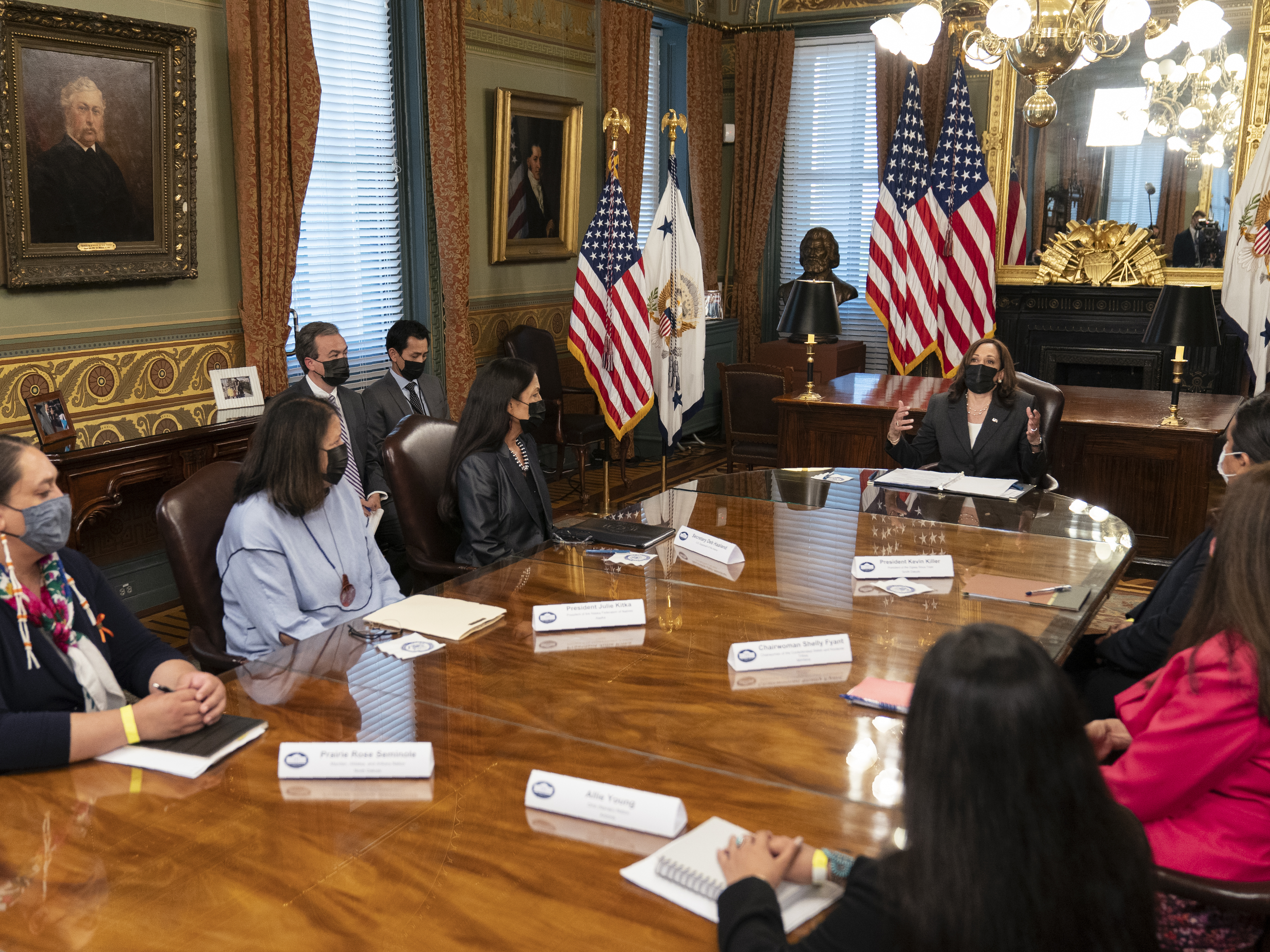 caption: Vice President Kamala Harris speaks during a meeting with Native American community leaders about voting rights together with Secretary of the Interior Deb Haaland (left) in July 2021.
