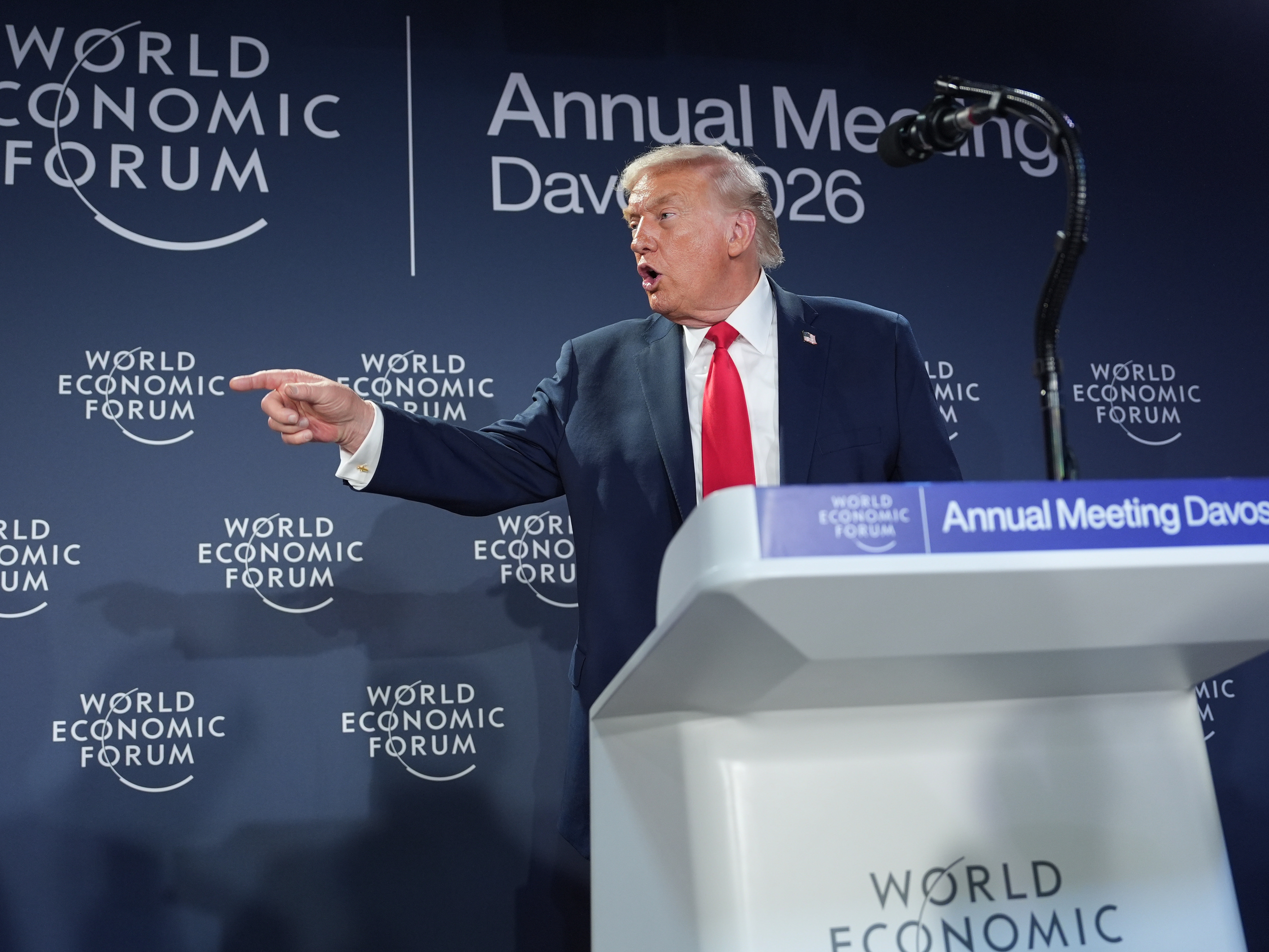 caption: President Trump speaks at the World Economic Forum in Davos, Switzerland, on Wednesday. The president said he wouldn't use force to take control of Greenland. But his remarks were again highly critical of U.S. allies in Europe and elsewhere.