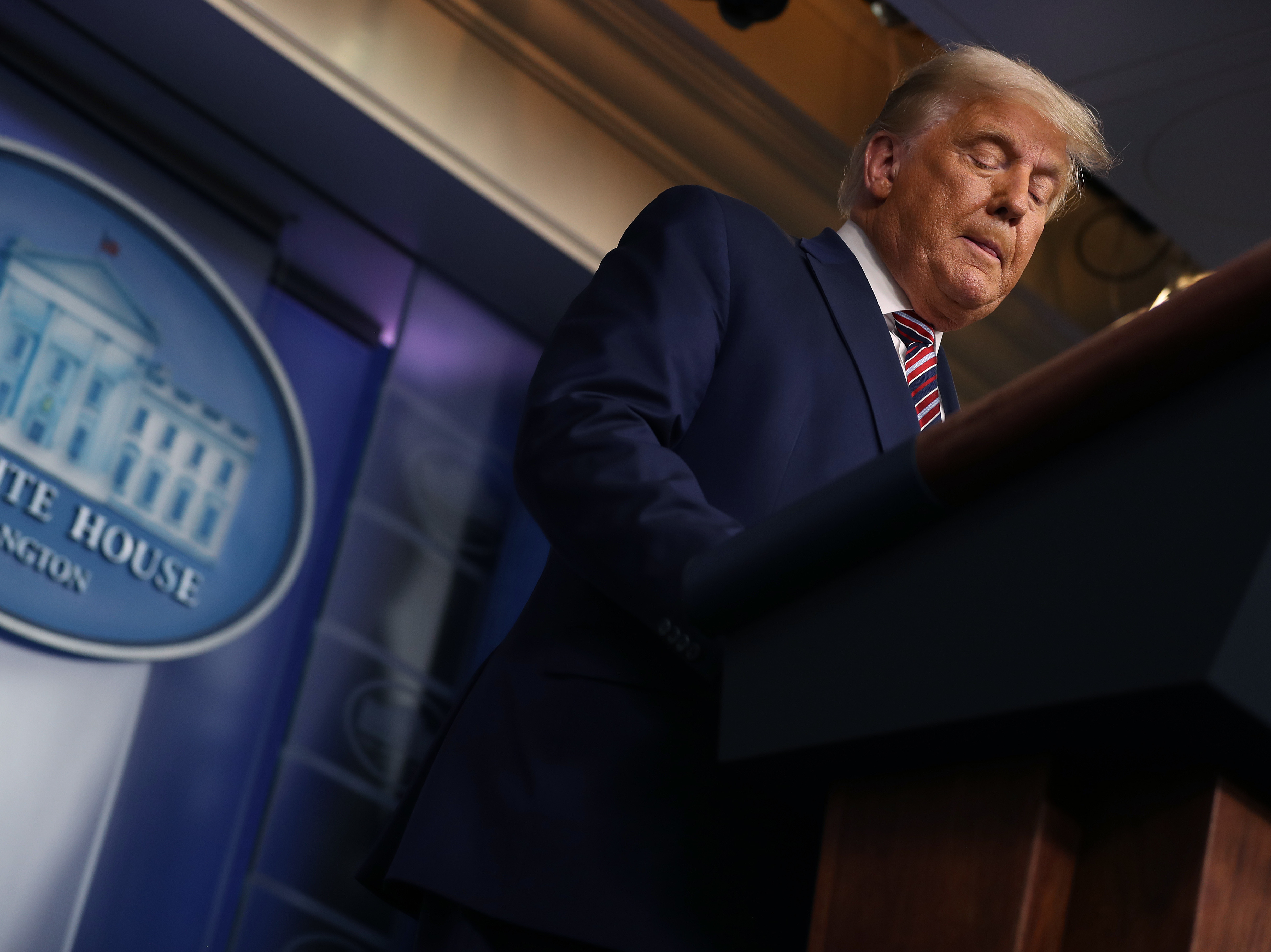 caption: President Trump, seen here speaking at the White House on Nov. 5, has continued to fundraise post-election. The majority of the donations will go to his newly formed political action committee called Save America.