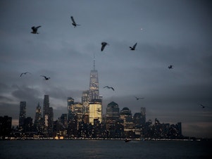 caption: One World Trade Center (WTC) stands in the lower Manhattan skyline as birds fly over the Hudson River in Hoboken, New Jersey, on Feb. 8, 2019.