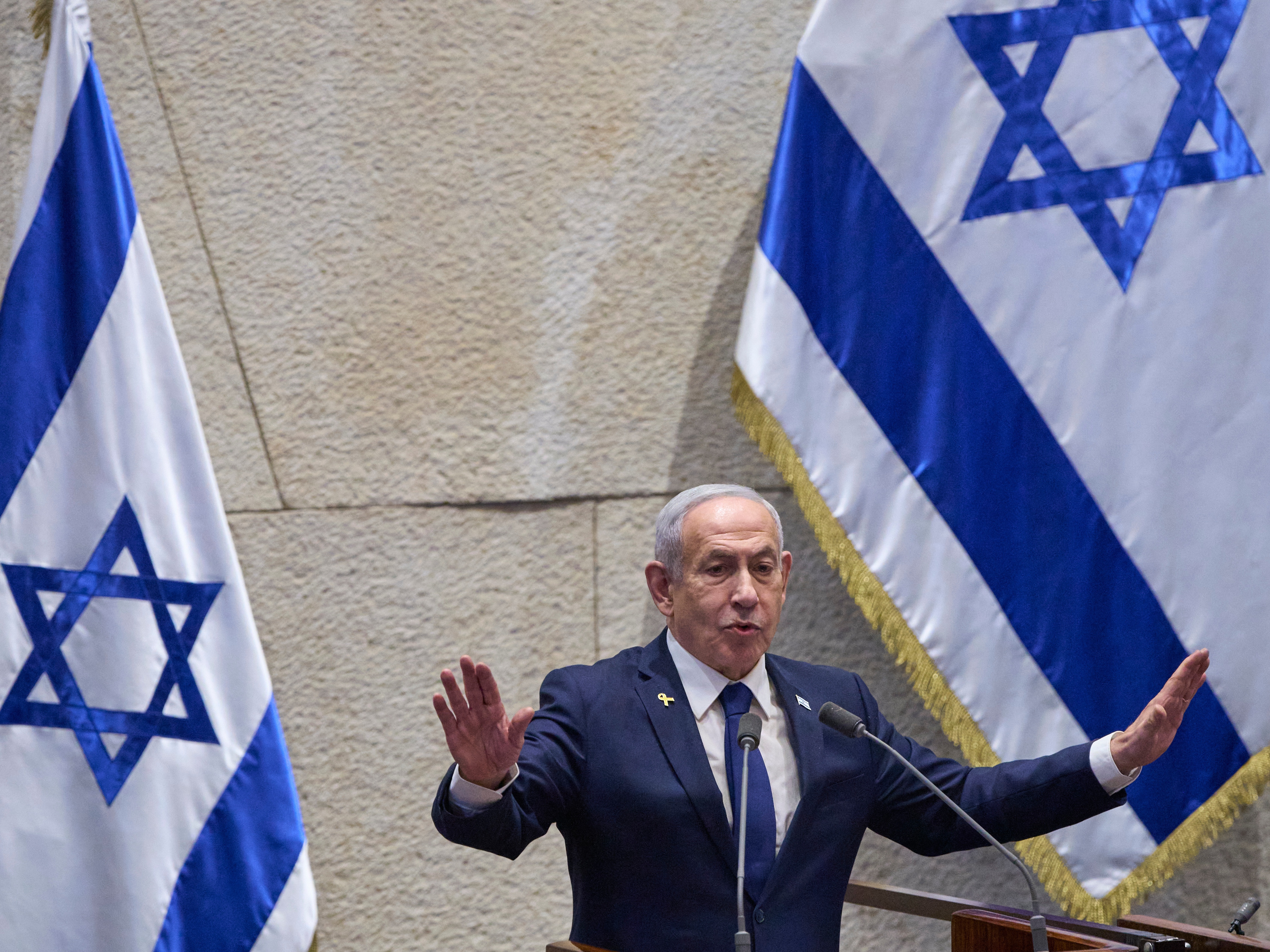 caption: Israel's Prime Minister Benjamin Netanyahu addresses lawmakers in the Knesset, Israel's parliament, in Jerusalem, Monday, Nov. 10 2025.
