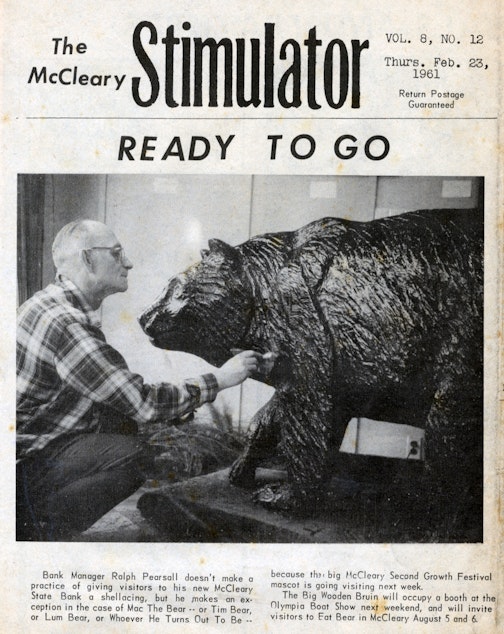 caption: McCleary Stimulator newspaper editor Norman Porter helped launch the festival. Picture here in 1961 is MCleary bank manager Ralph Pearsall. 