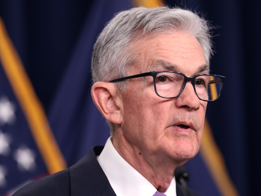 caption: U.S. Federal Reserve Board Chairman Jerome Powell speaks at a news conference at the headquarters of the Federal Reserve on December 13, 2023 in Washington, DC. The Federal Reserve announced today that interest rates will remain unchanged.