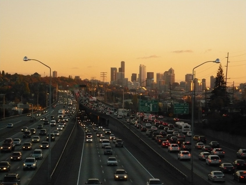 caption: Traffic on I-5 on a typical afternoon commute