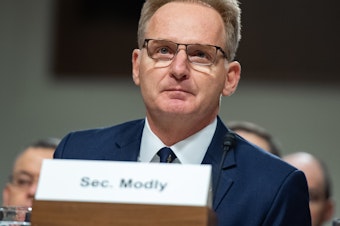 caption: Acting Secretary of the Navy Thomas Modly testifies at a Senate hearing on Dec. 3.