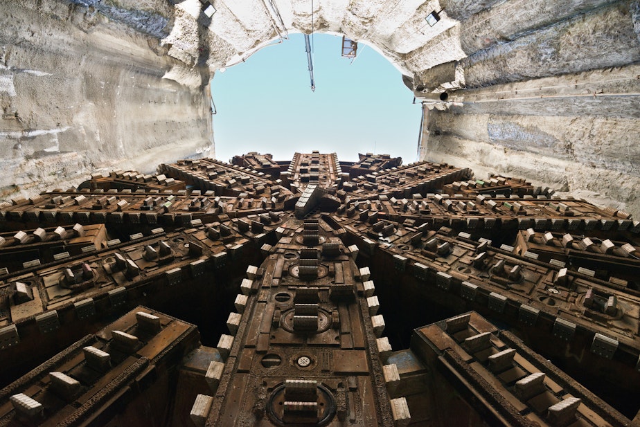 caption: A view of the sky over Bertha the tunnel borer, whose efforts brought the SR-99 tunnel to life.