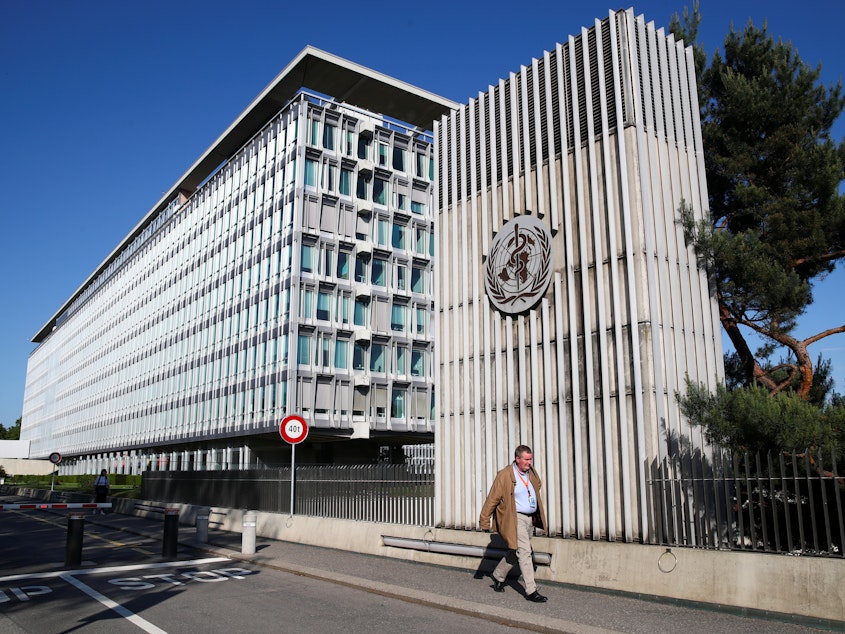 caption: President Trump says the WHO has been too quick to praise China for its handling of the COVID-19 outbreak, and too silent on the country's treatment of medical professionals who tried to sound the alarm. Here, Mike Ryan, a WHO executive director, walks past the group's headquarters in Geneva.