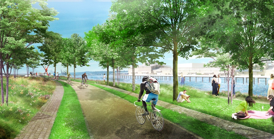caption: New waterfront bike path along the edge of Expedia's new Seattle campus (rendering)