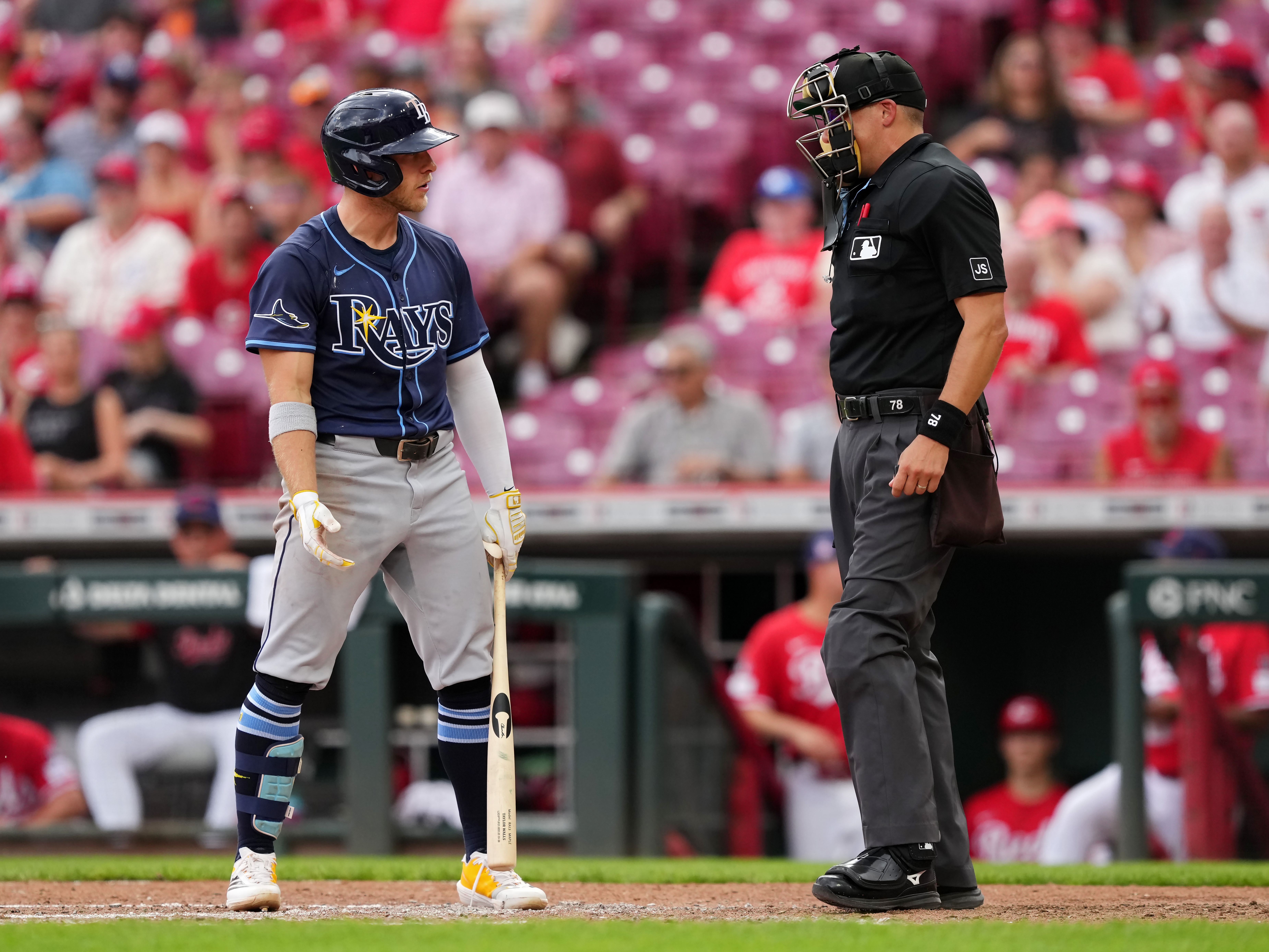 caption: Taylor Walls of the Tampa Bay Rays argues with umpire Adam Hamari after being called out on strikes during a game against the Cincinnati Reds on July 27, 2025.