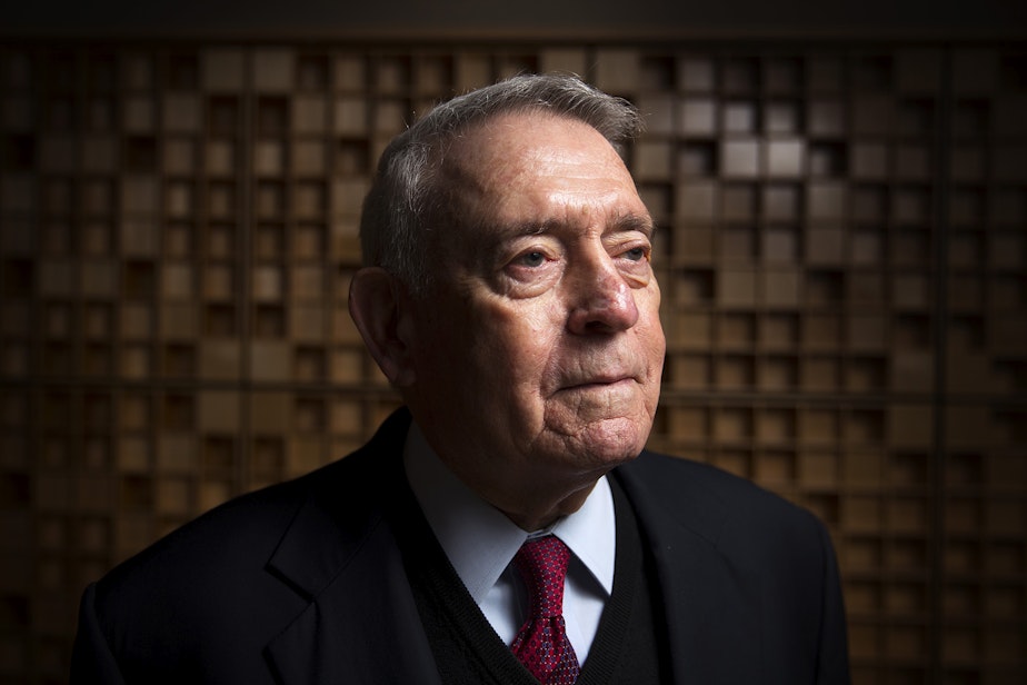caption: Reporter, broadcaster, and author Dan Rather in the KUOW studios on December 8, 2017.