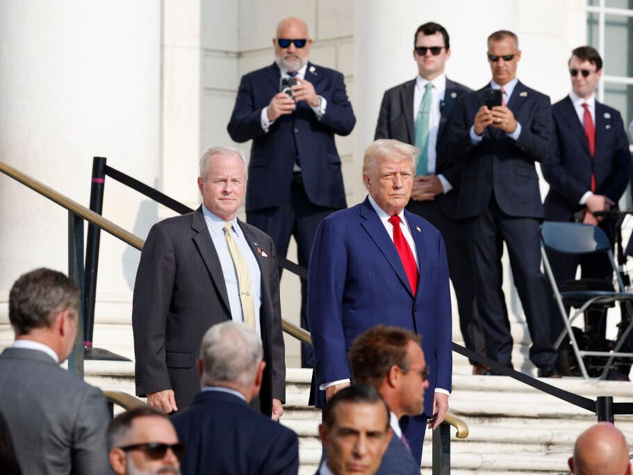 caption: Former President Donald Trump, the Republican nominee for president, visited Arlington National Cemetery Monday to to participate in a wreath laying ceremony to mark the third anniversary of a suicide bombing at Kabul airport that killed 13 American service members.  