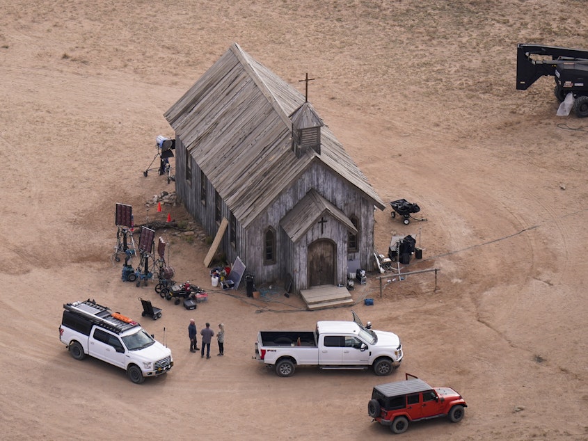 caption: This 2021 aerial photo shows the Bonanza Creek Ranch in Santa Fe where <em>Rust</em> was being filmed.