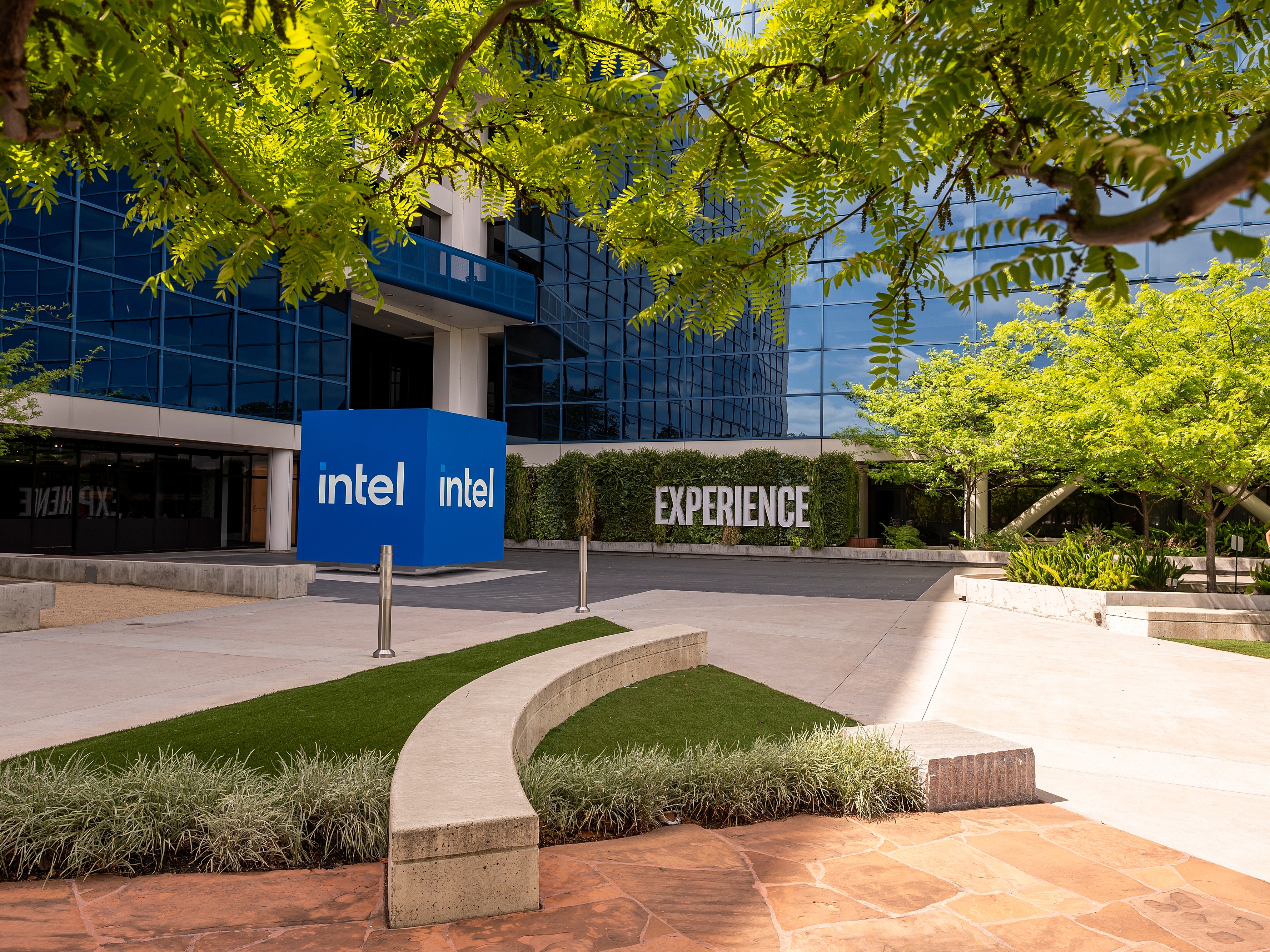 caption: The Intel headquarters in Santa Clara, California, US, on Wednesday, April 23, 2025.