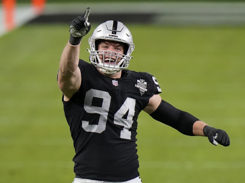 caption: Raiders defensive end Carl Nassib said on Monday that he would not have been able to publicly come out as gay without the support of the NFL and his teammates.