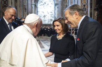 caption: Pope Francis greets Speaker of the House Nancy Pelosi, D-Calif., and her husband, Paul, on Wednesday before celebrating a Mass on the Solemnity of Saints Peter and Paul in St. Peter's Basilica at the Vatican. Pelosi received Communion during the papal Mass, witnesses said, despite her position in support of abortion rights.