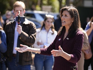 caption: Republican presidential candidate former UN Ambassador Nikki Haley talks to the media after voting Saturday in Kiawah Island, S.C. Haley called former President Donald Trump's comments about Black voters "disgusting."