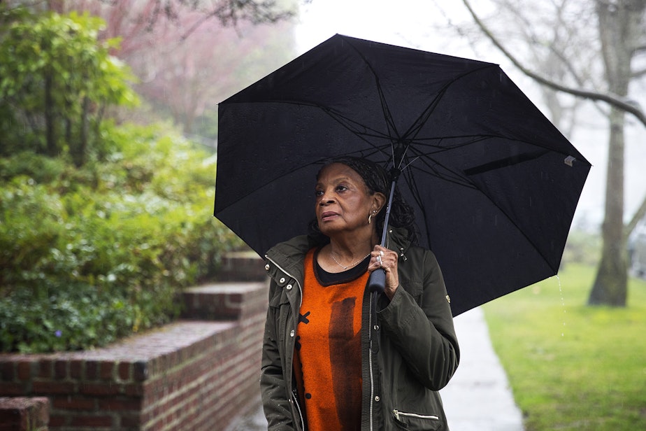 caption: Poet Colleen McElroy stands for a portrait on Wednesday, February 5, 2020, outside of the Queen Anne Library in Seattle. 