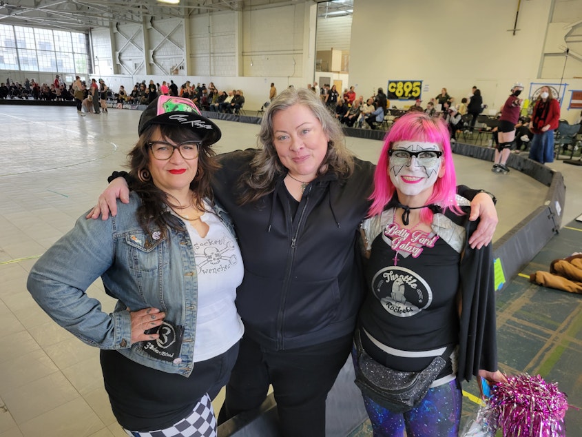 caption: Rat City Roller Derby OG's: Clobberin' Mame, Dixie Dragstrip, and Betty Ford Galaxy.