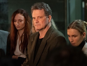 caption: Colin Firth plays Michael Peterson, a writer who was charged with his wife's death, in the HBO Max series <em>The Staircase.</em>