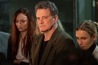 caption: Colin Firth plays Michael Peterson, a writer who was charged with his wife's death, in the HBO Max series <em>The Staircase.</em>