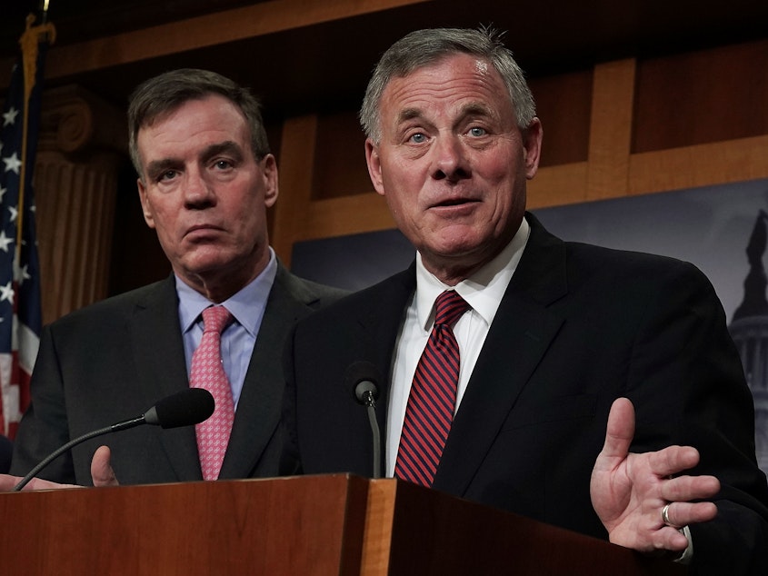 caption: The report from the Senate intelligence committee — run by Chairman Sen. Richard Burr (right), R-N.C., and Vice Chairman Sen. Mark Warner, D-Va. — includes recommendations for future election security.