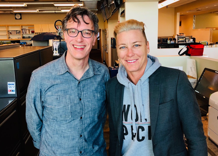 caption: Bill Radke and Abby Wambach at KUOW Public Radio on April 15, 2019. 