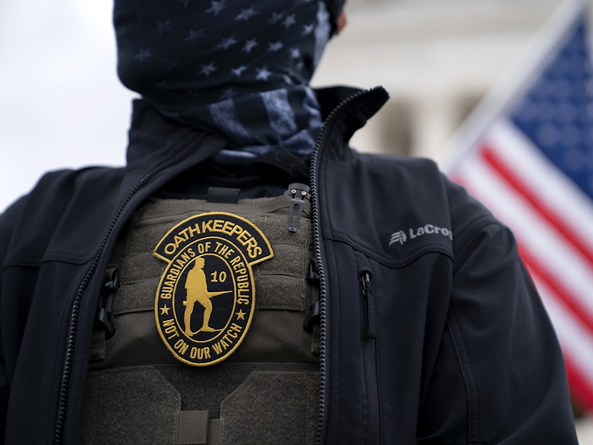 caption: A demonstrator wears an Oath Keepers anti-government organization badge on a tactical vest during a protest outside the Supreme Court in Washington, D.C., on Jan. 5, 2021.