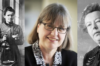 caption: Marie Curie (Left), French physicist and winner of the 1903 Nobel Prize for Physics, Canadian Donna Strickland (Middle), who won the 2018 prize for her work with lasers, and physicist Maria Goeppert Mayer (Right), who won for her work in atomic physics in 1963.