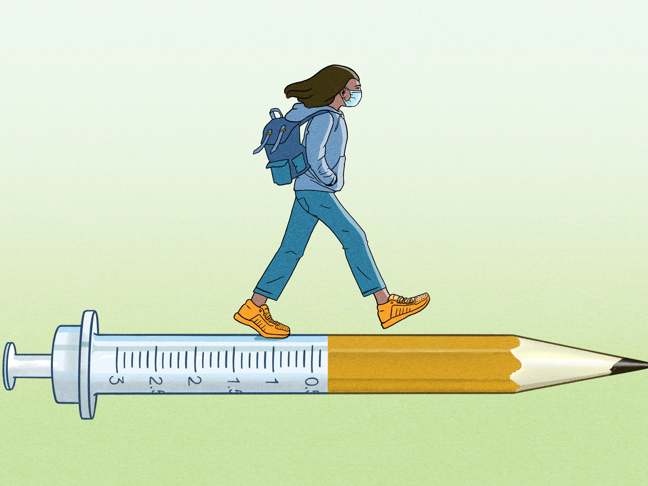 A masked college student walks along a syringe that morphs into a pencil.