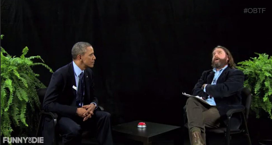 caption: A screenshot of the interview on "Between Two Ferns."