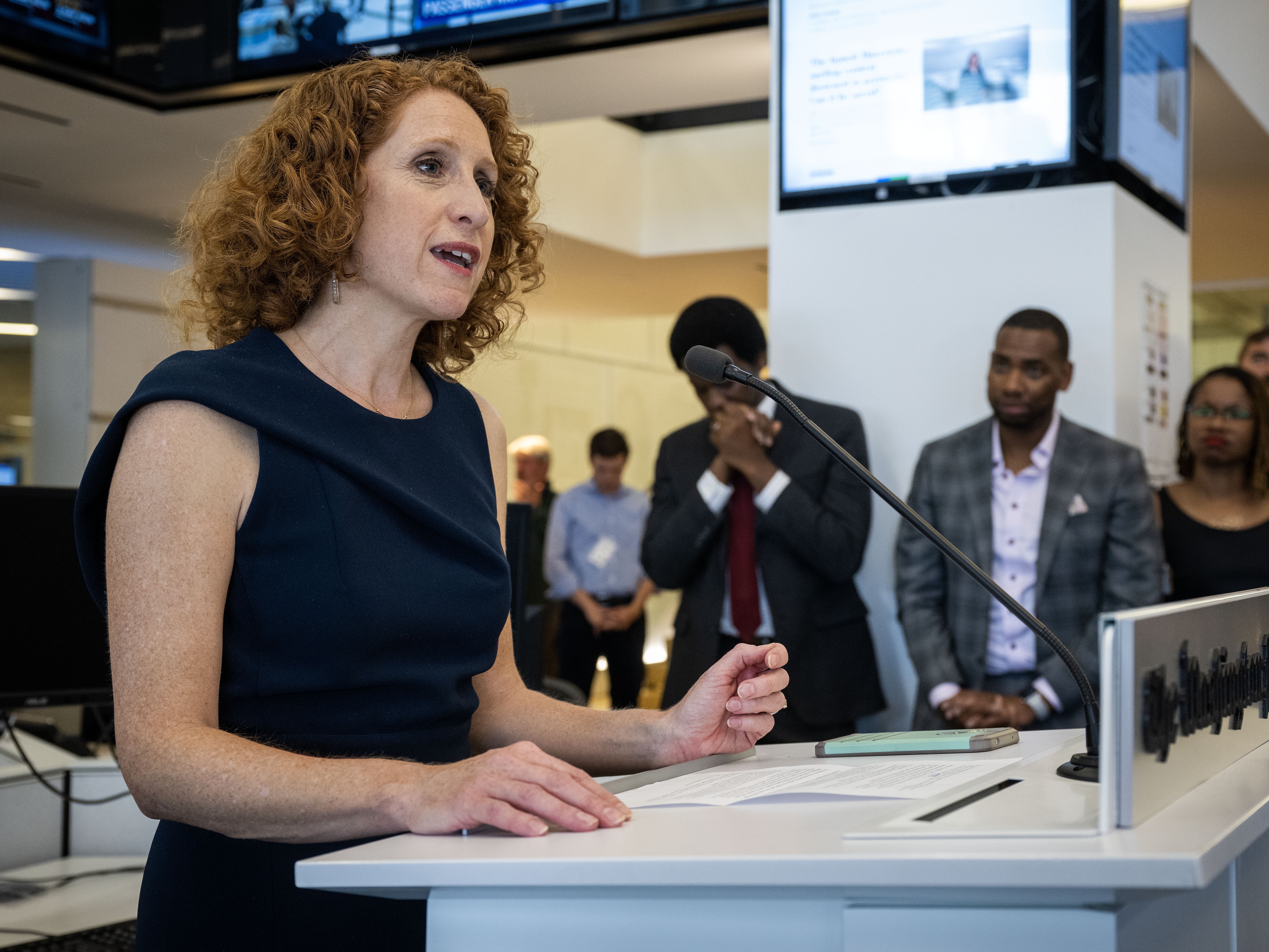 caption: <em>Washington Post</em> Managing Editor Matea Gold, shown in May making remarks about the paper winning Pulitzer Prizes, is headed to the rival <em>New York Times. </em>Acting <em>Post </em>Executive Editor Matt Murray blocked publication of a story about her departure, saying the paper should not cover itself. Her decision to leave caps a year of crises for the <em>Post</em> involving its leadership and its finances.