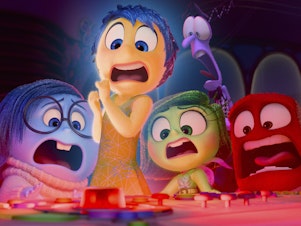 caption: This image released by Disney/Pixar shows, from left, Sadness, voiced by Phyllis Smith, Joy, voiced by Amy Poehler, Disgust, voiced by Liza Lapira, Fear, voiced by Tony Hale and Anger, voiced by Lewis Black, in a scene from <em>Inside Out 2</em>.