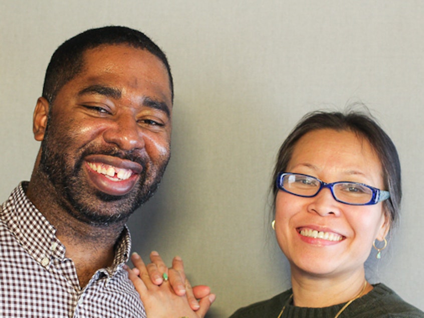 caption: Christopher Myers, left, and his GED student, Ngoc Nguyen, right.