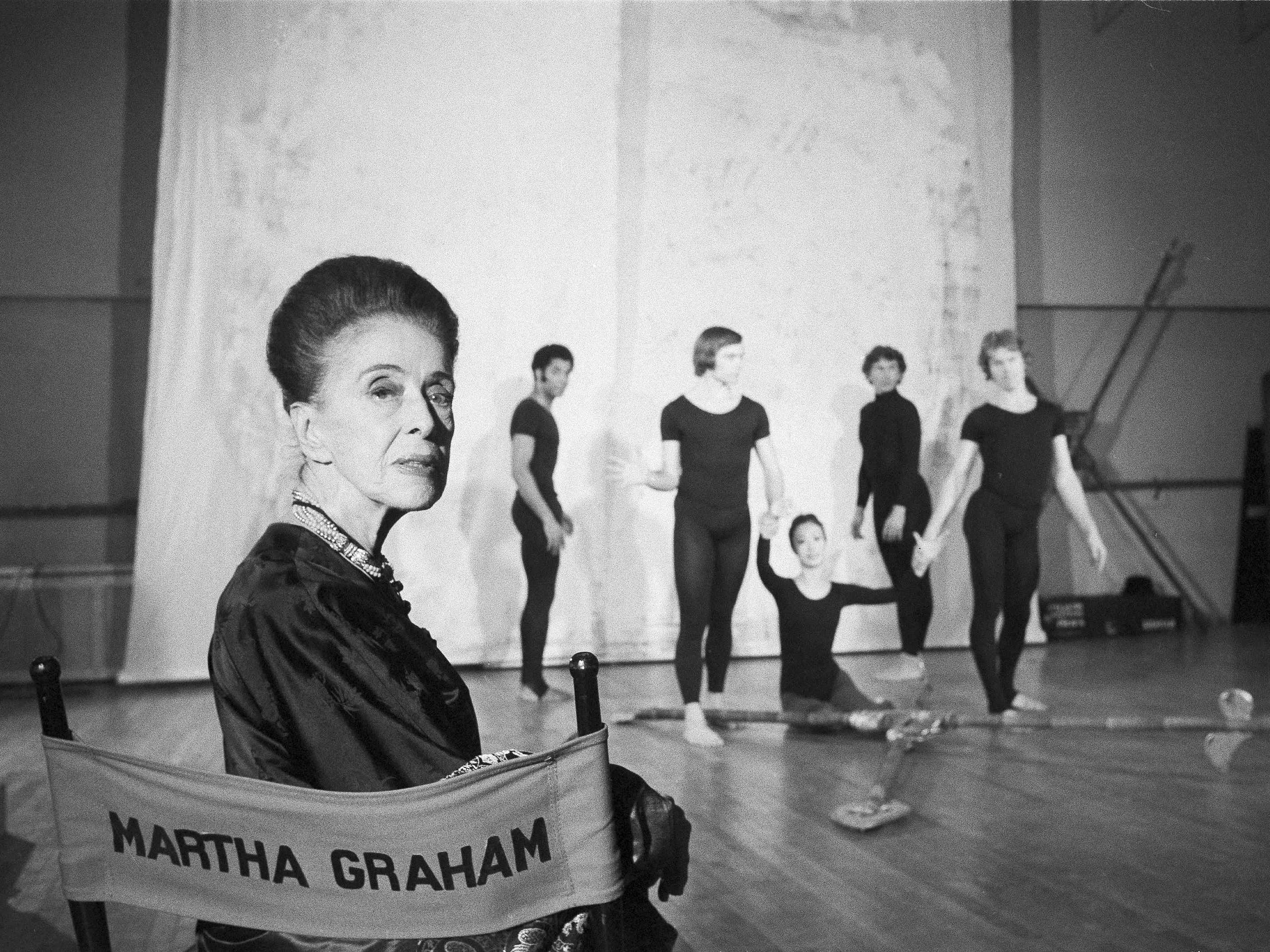 caption: Dancer and choreographer Martha Graham poses during rehearsal and photo session at her New York studio in March 1973.