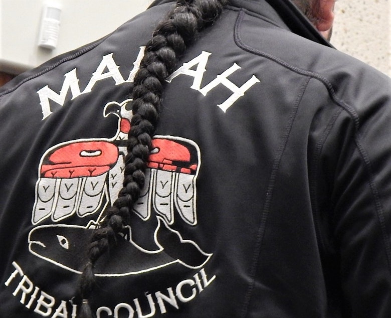 caption: Makah Tribal Council Vice Chair Patrick DePoe at a federal hearing in Seattle on proposed whaling in 2019