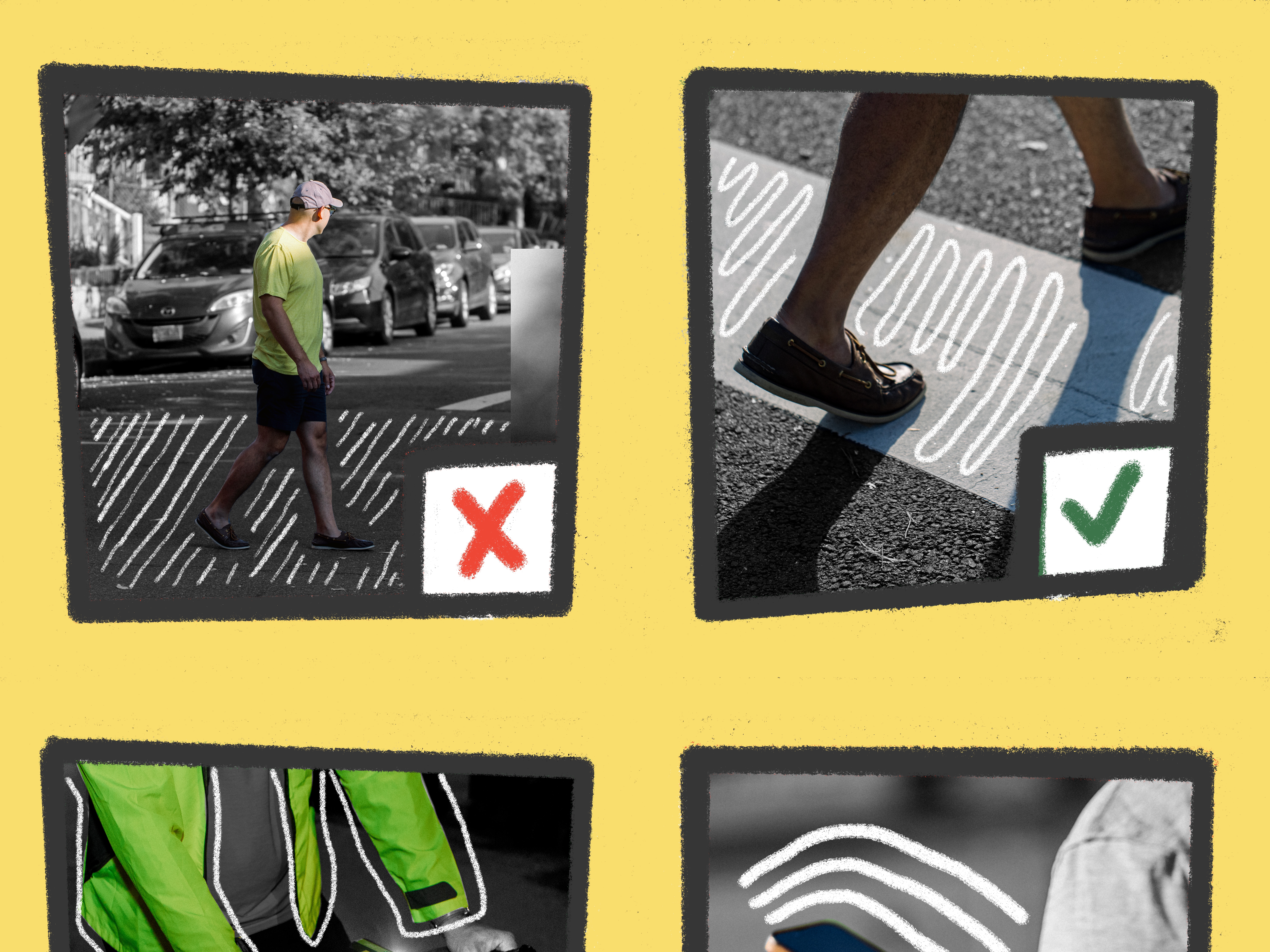 caption: The basics of road safety might seem obvious, but they can save your life. DON'T cross the street where drivers might not expect you. DO use sidewalks, bike paths and safe pedestrian crossings<strong>.</strong> DO make yourself visible with bike lights. DO look up from your phone when walking. <br>