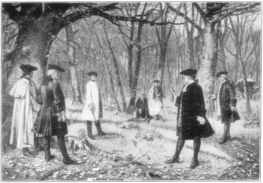 caption: A painting by J. Mund depicts the duel between Alexander Hamilton and Aaron Burr that took place on July 11, 1804.