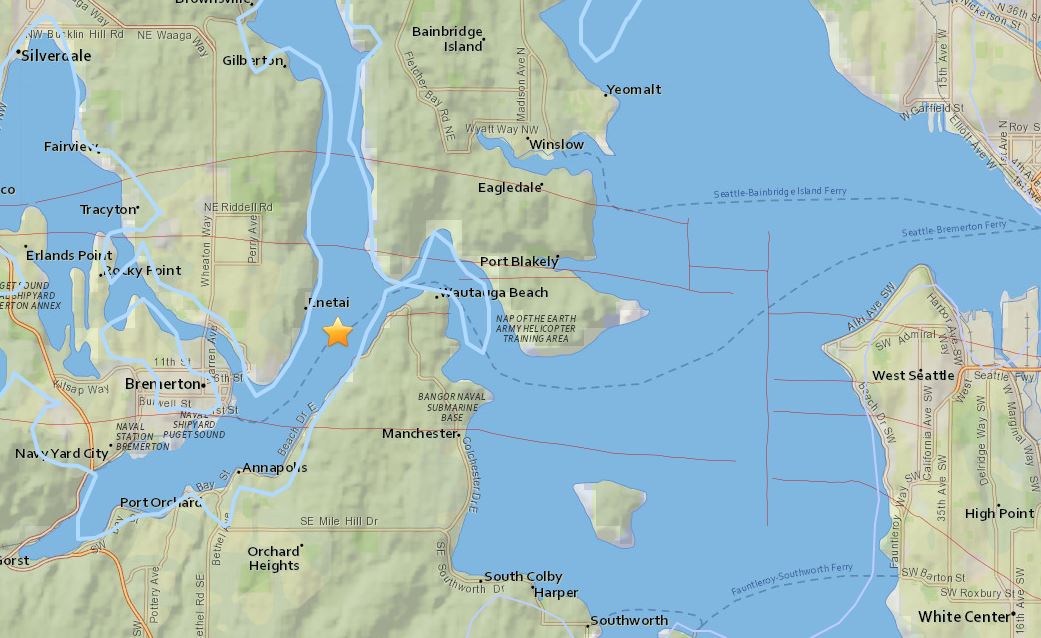 caption: A screenshot from the U.S. Geological Survey earthquakes website shows the epicenter of a 3.4 earthquake near Bremerton, Wash., early Wednesday.