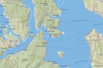 caption: A screenshot from the U.S. Geological Survey earthquakes website shows the epicenter of a 3.4 earthquake near Bremerton, Wash., early Wednesday.