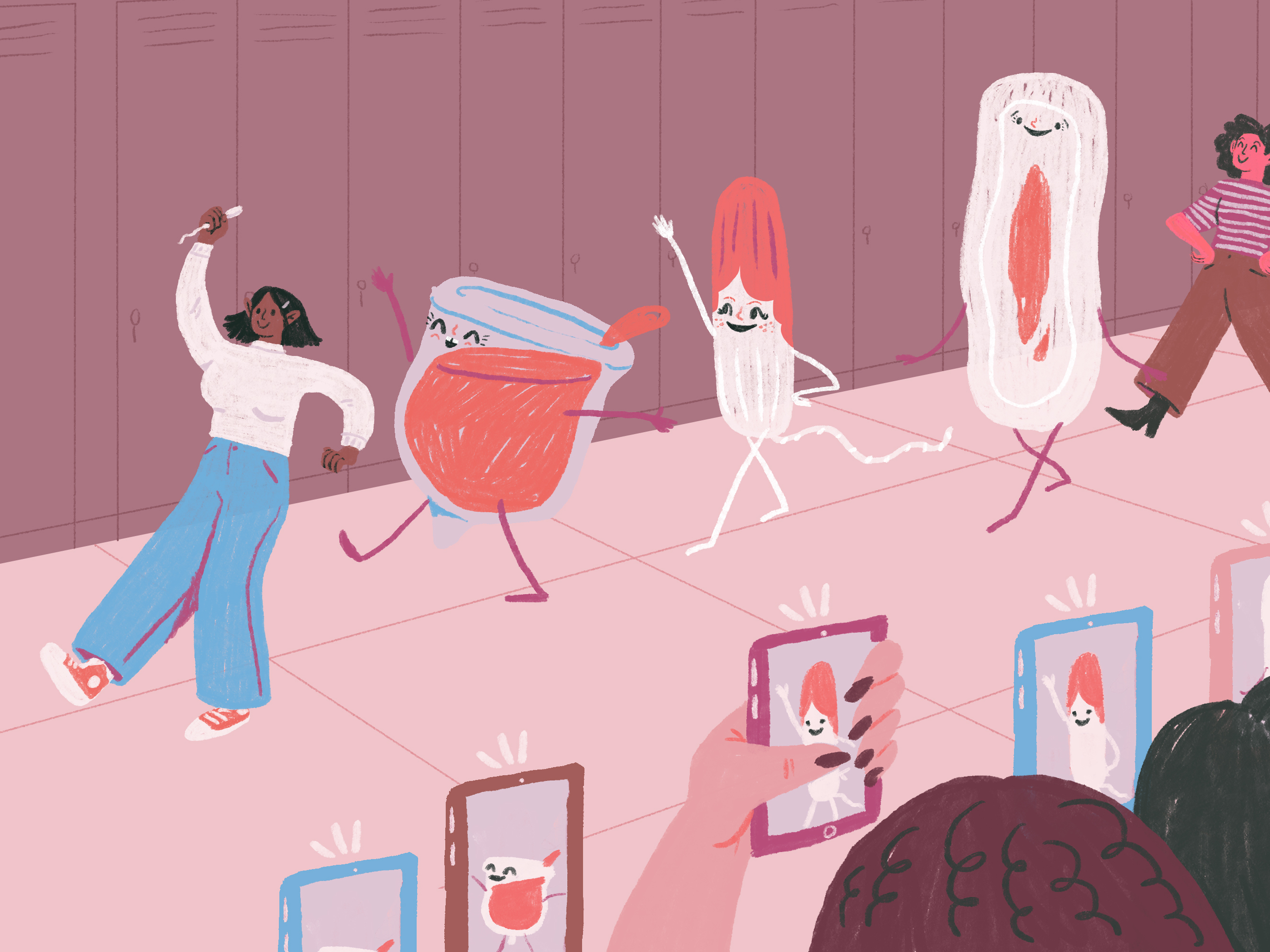 Girls march down the school hall with their period products on display.