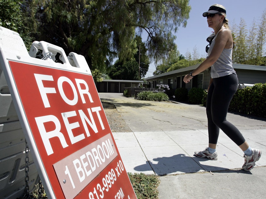 caption: A for rent sign in Palo Alto, California. Across the country rents are on the rise, in part due to a historic shortage of homes either to rent or buy.