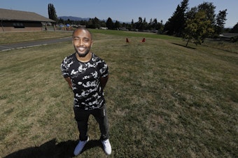 caption: Former NFL football Seattle Seahawks wide receiver Doug Baldwin at the location in Renton where he hopes to spearhead the construction of a community center. Baldwin is donating $1 million toward the project with the goal of raising another $5 million. Aug. 26, 2019.