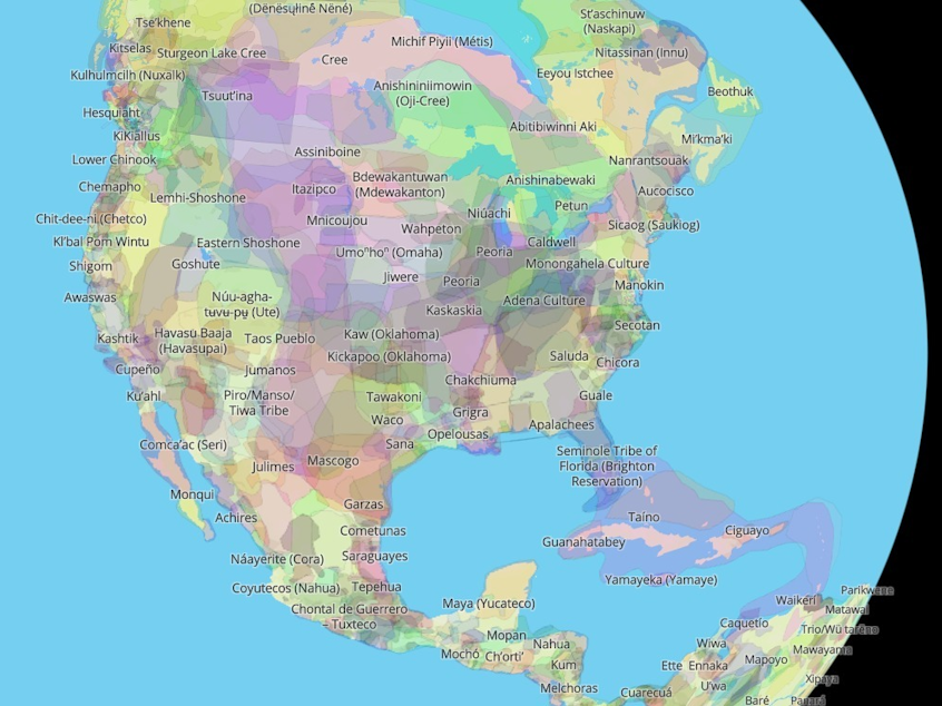 caption: A screenshot of a portion of the interactive map from Native Land Digital shows which Native territories have inhabited different regions of the Americas, based on a variety of historical and Indigenous sources.